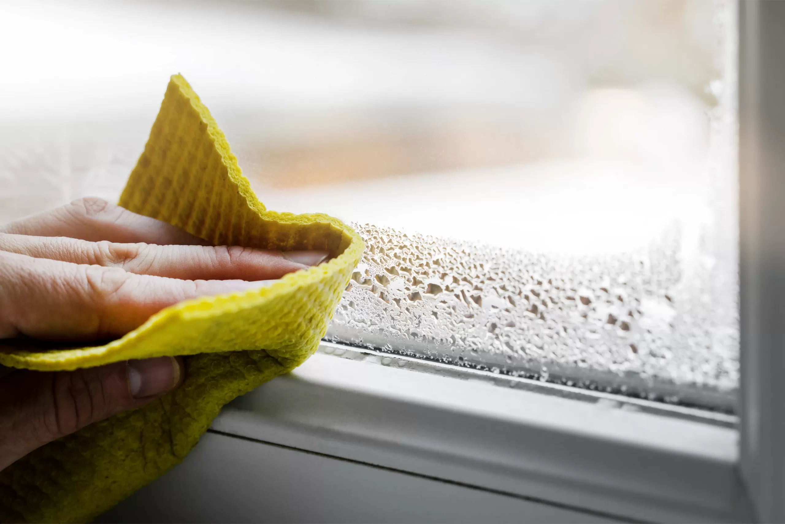 high humidity in the house. hand wipes off water condensation from plastic window glass in the room. home moisture